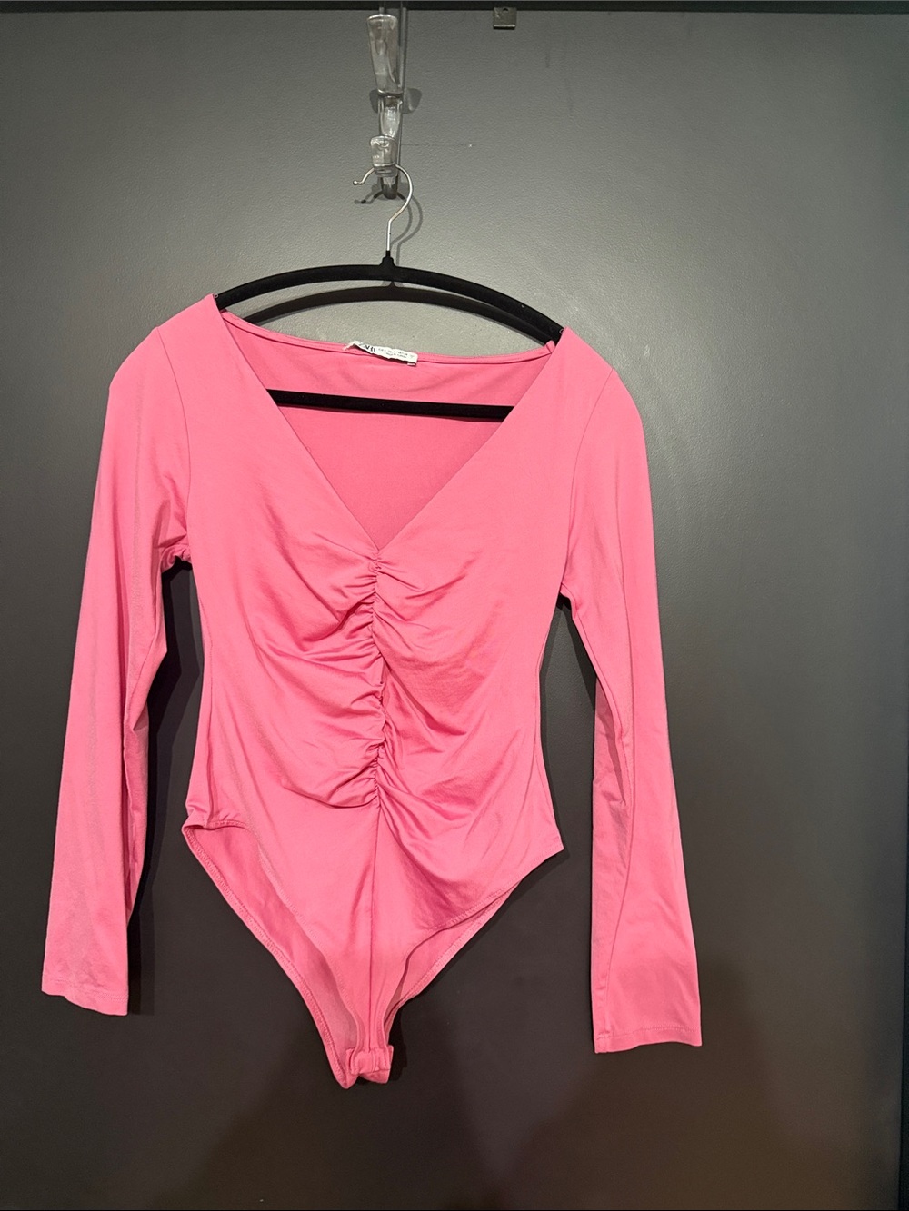 Zara Hot Pink Long-Sleeve Ruched V-Neck One-Piece Bodysuit